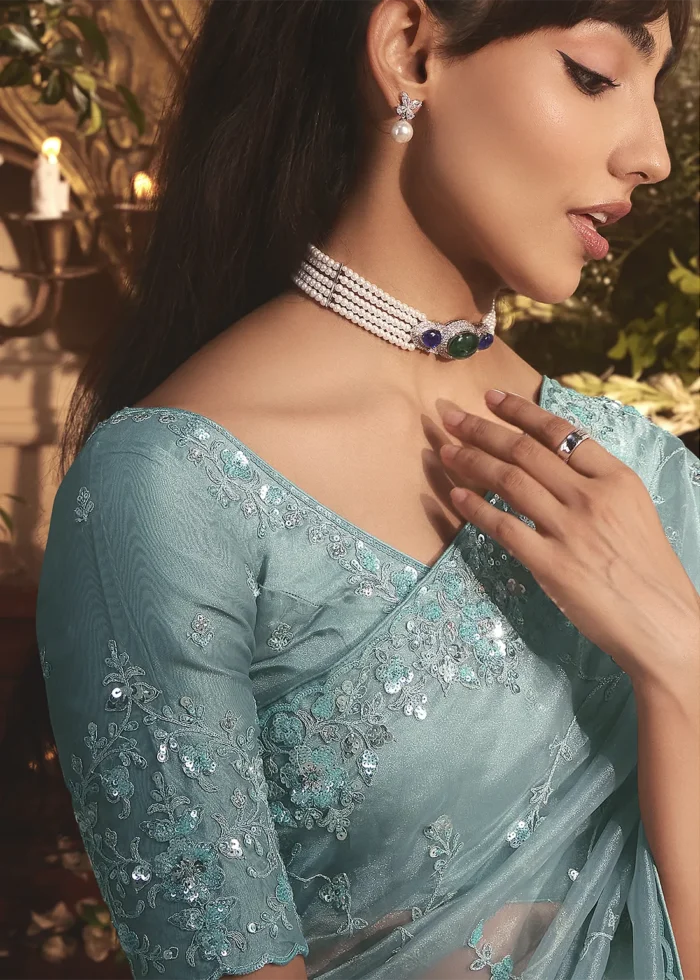 Embroidered Aqua Blue Organza Saree