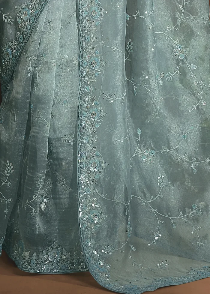 Embroidered Aqua Blue Organza Saree