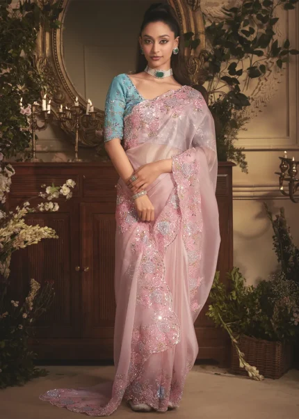 Embroidered Baby Pink Organza Saree