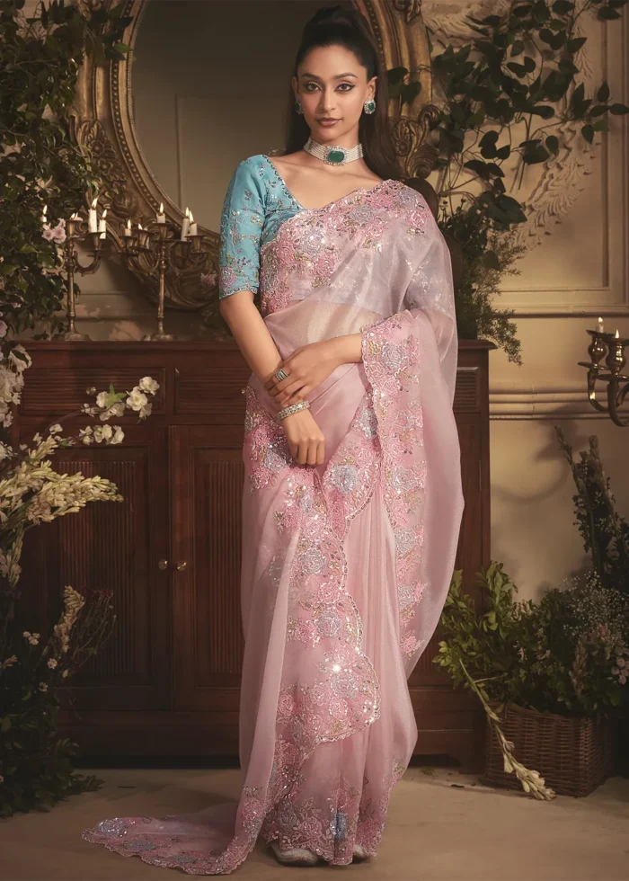 Embroidered Baby Pink Organza Saree