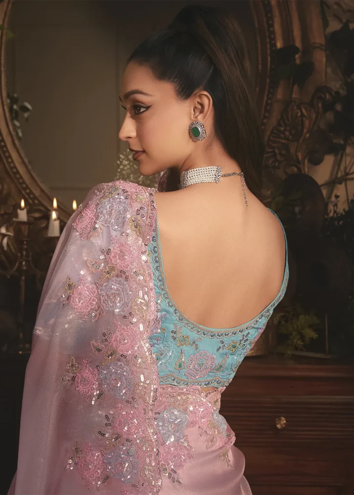 Embroidered Baby Pink Organza Saree