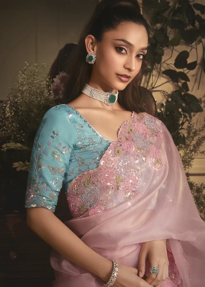 Embroidered Baby Pink Organza Saree