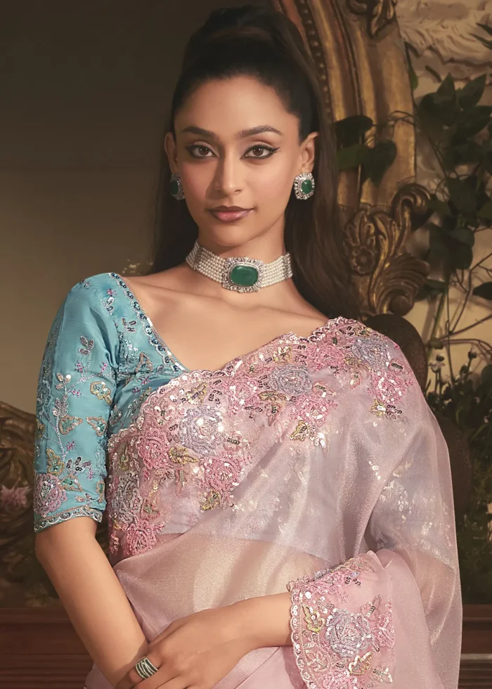 Embroidered Baby Pink Organza Saree