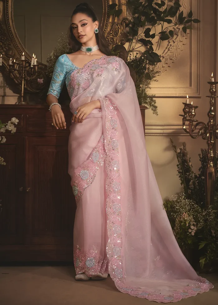 Embroidered Baby Pink Organza Saree