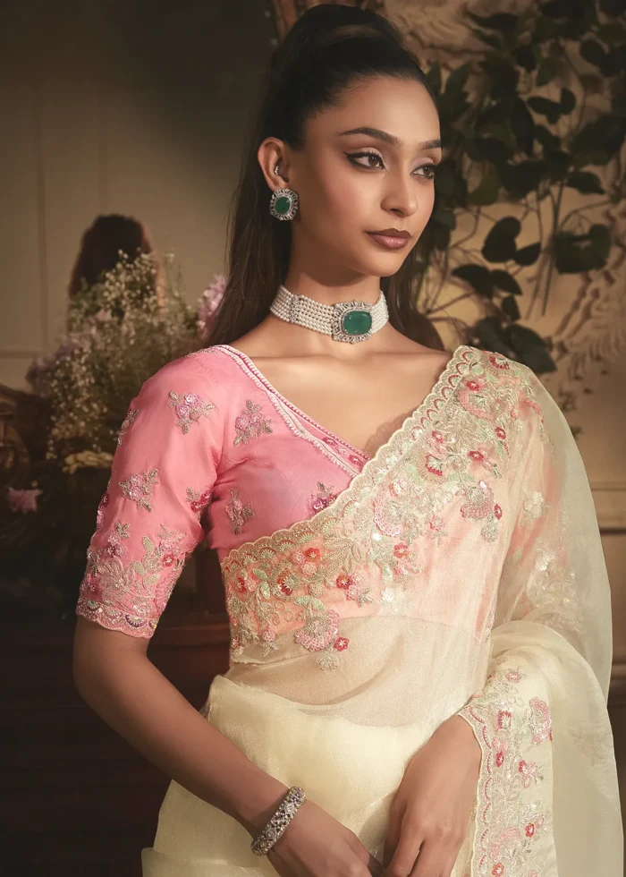 Embroidered Cream Organza Saree