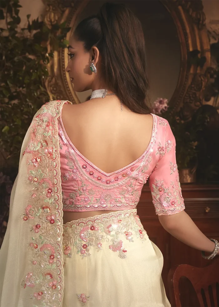 Embroidered Cream Organza Saree