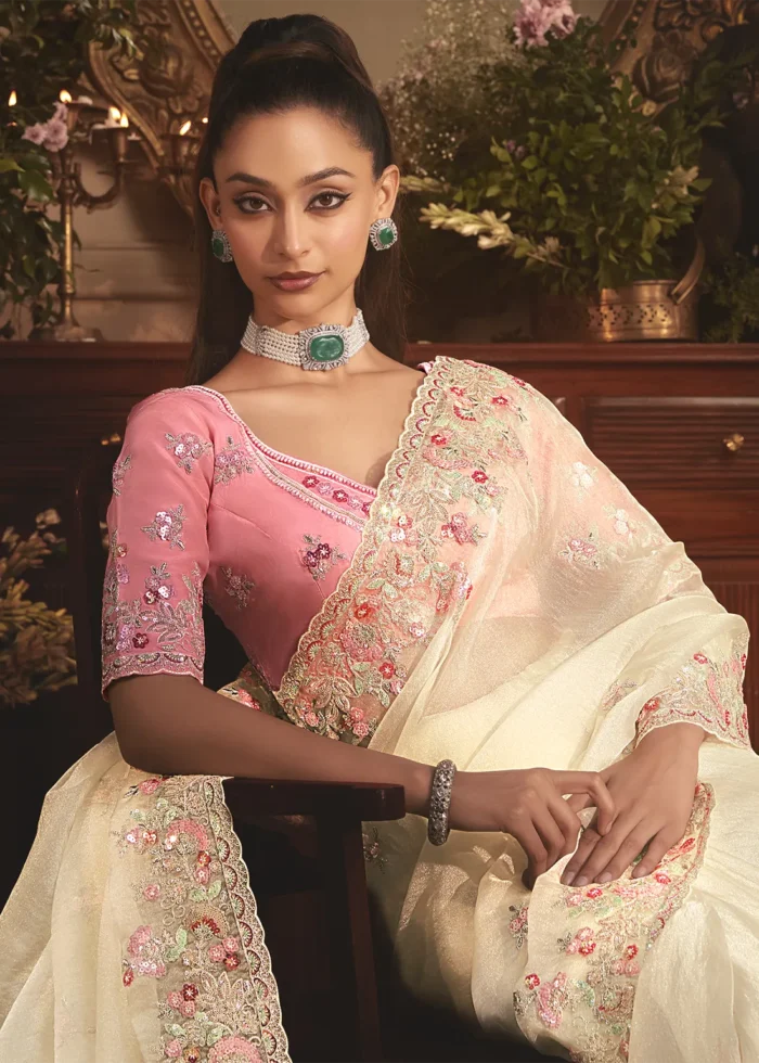 Embroidered Cream Organza Saree