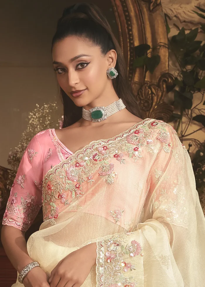 Embroidered Cream Organza Saree