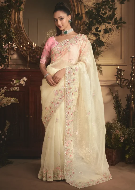 Embroidered Cream Organza Saree