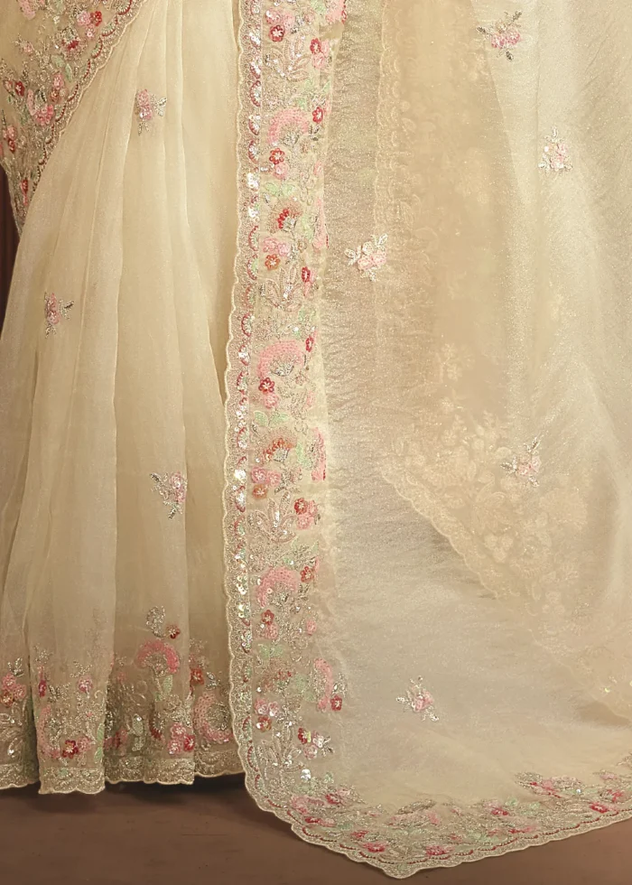Embroidered Cream Organza Saree