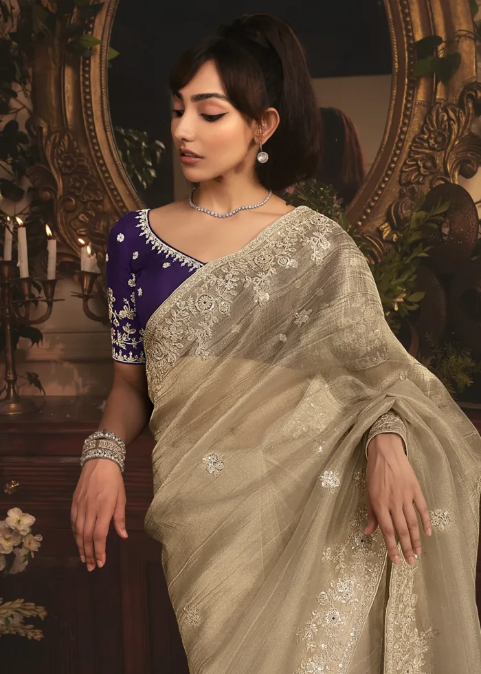 Embroidered Golden Beige Organza Saree
