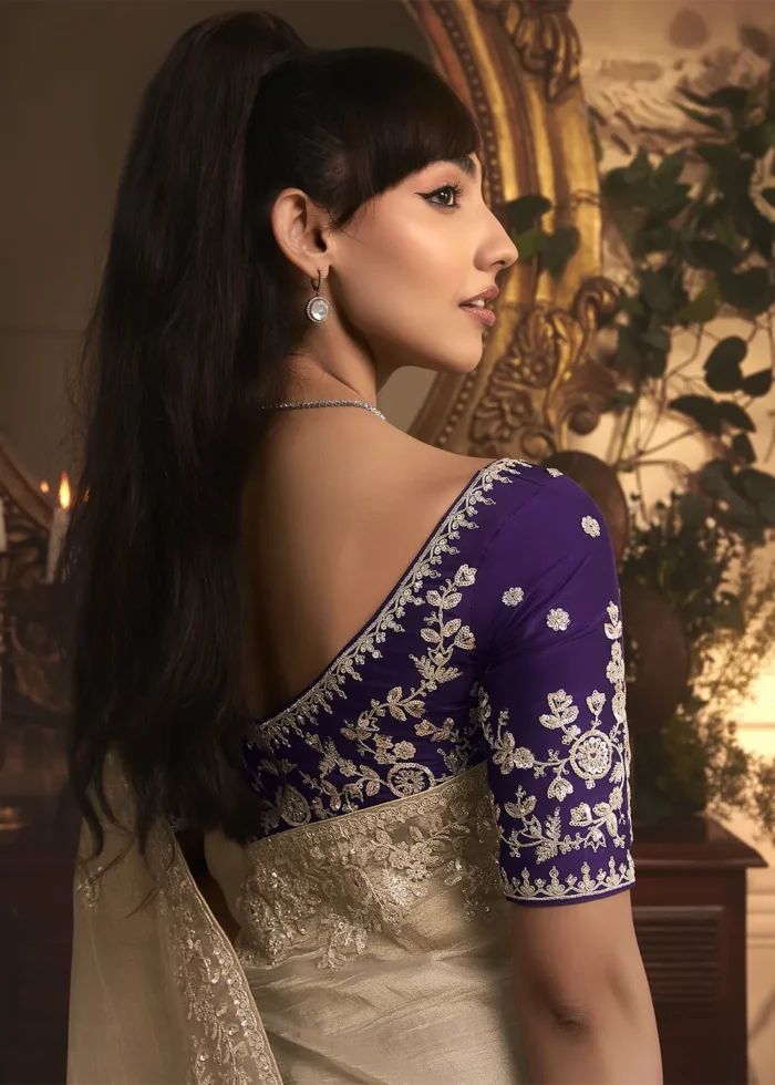 Embroidered Golden Beige Organza Saree