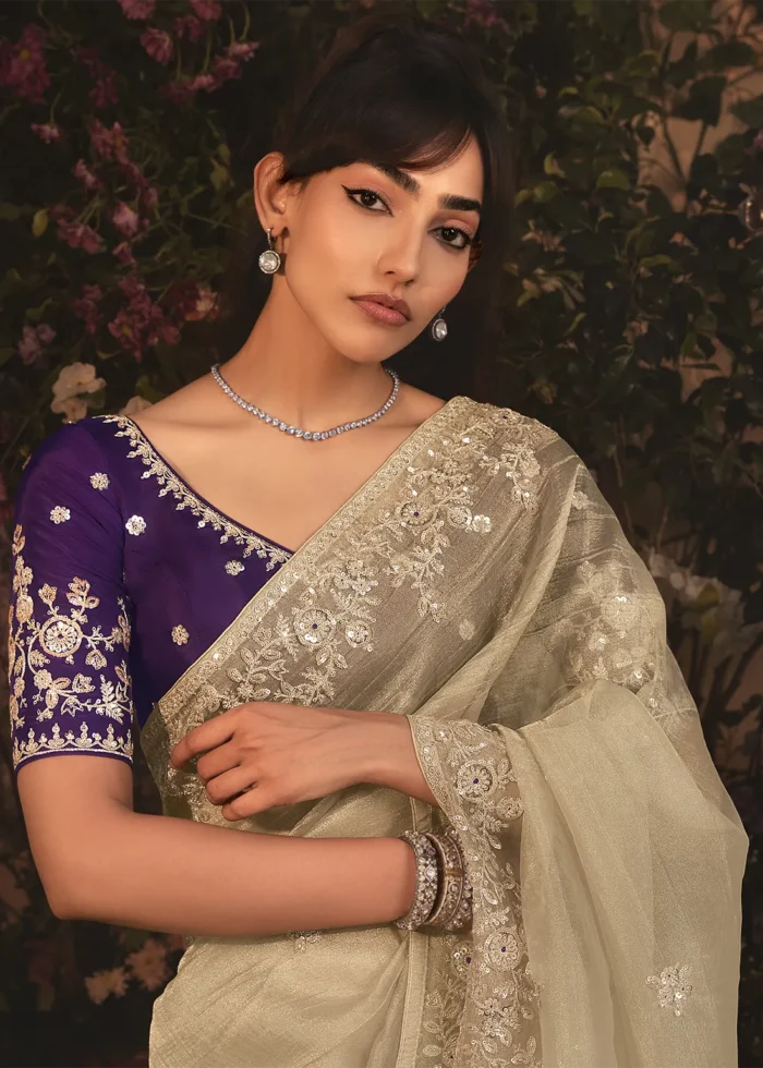 Embroidered Golden Beige Organza Saree