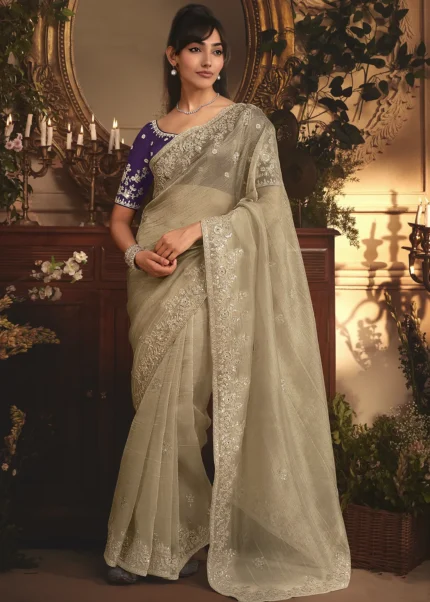 Embroidered Golden Beige Organza Saree
