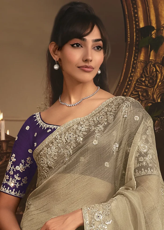 Embroidered Golden Beige Organza Saree