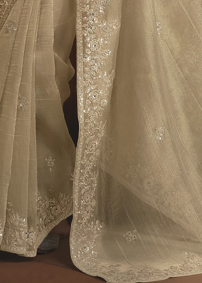 Embroidered Golden Beige Organza Saree