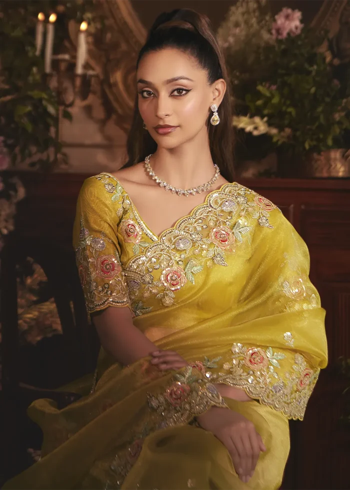 Embroidered Golden Yellow Organza Saree