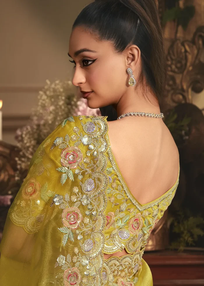 Embroidered Golden Yellow Organza Saree