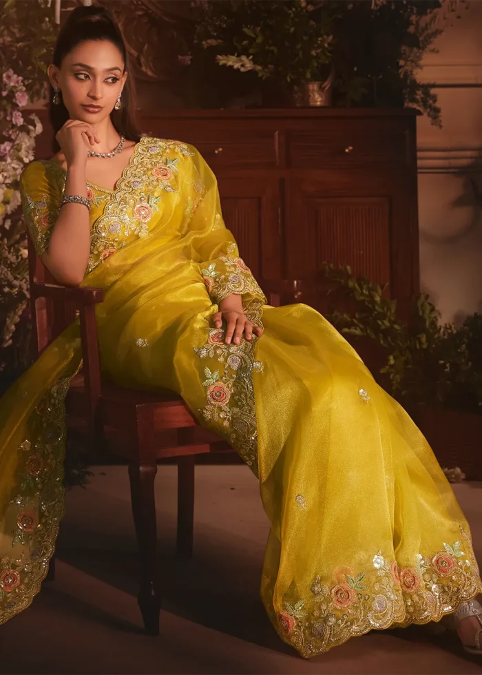 Embroidered Golden Yellow Organza Saree