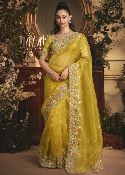 Embroidered Golden Yellow Organza Saree