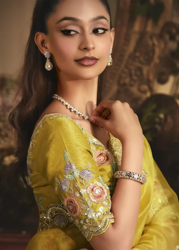 Embroidered Golden Yellow Organza Saree