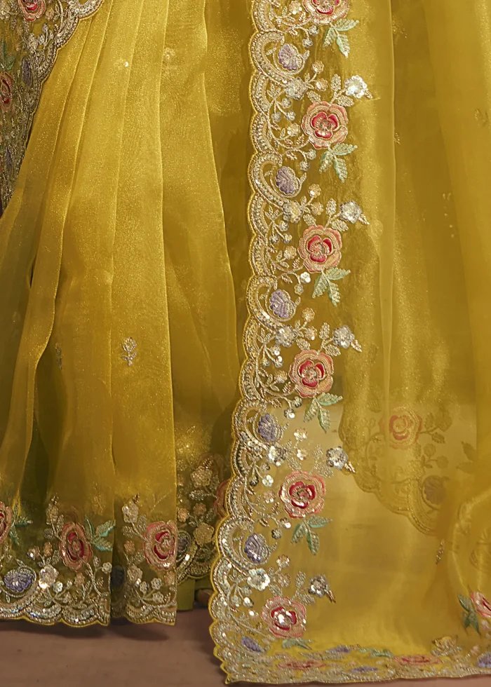 Embroidered Golden Yellow Organza Saree