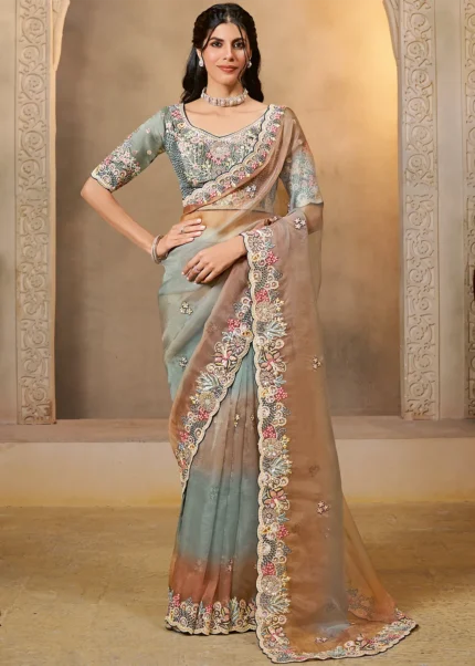 Embroidered Gray & Peach Designer Organza Saree