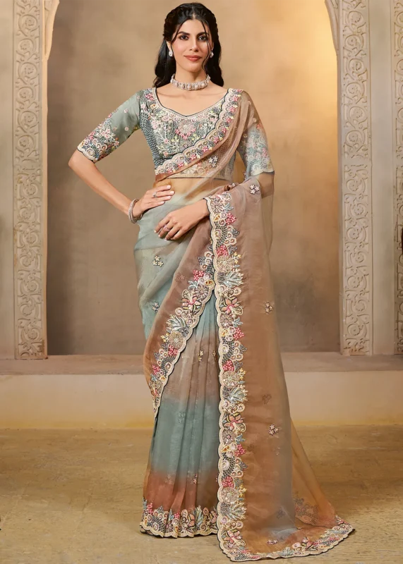 Embroidered Gray & Peach Designer Organza Saree