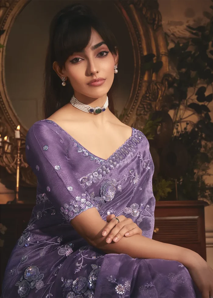 Embroidered Lavender Organza Saree