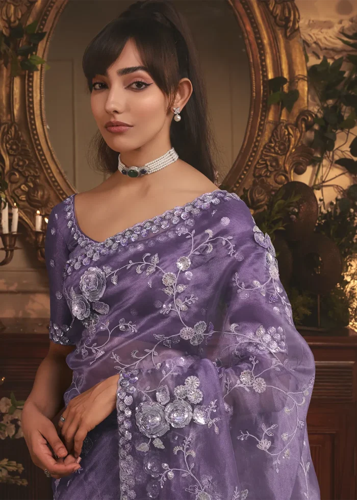 Embroidered Lavender Organza Saree