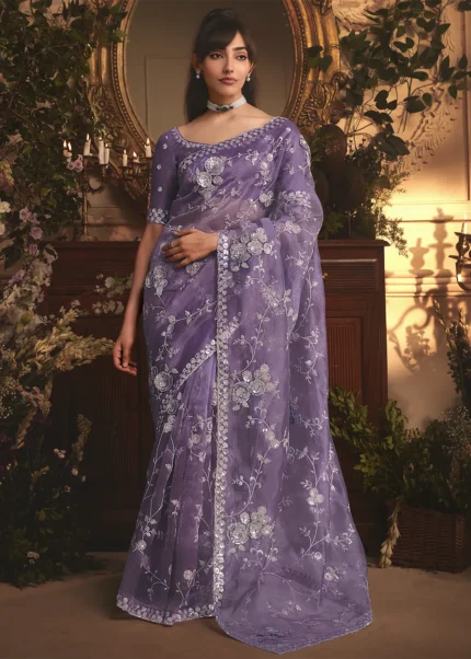 Embroidered Lavender Organza Saree
