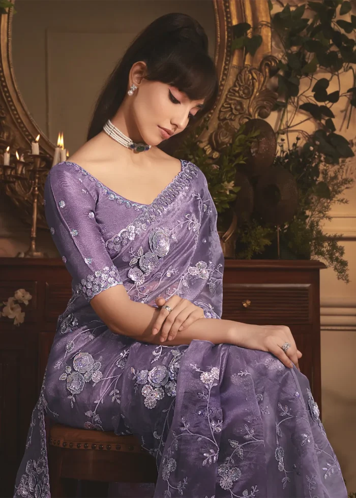 Embroidered Lavender Organza Saree