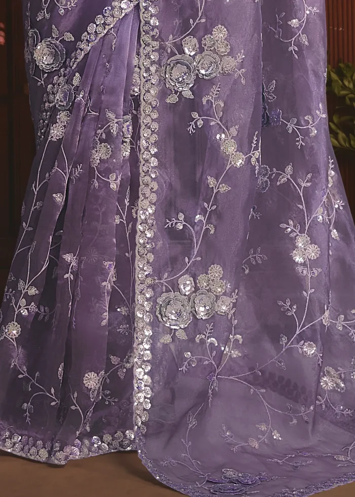 Embroidered Lavender Organza Saree