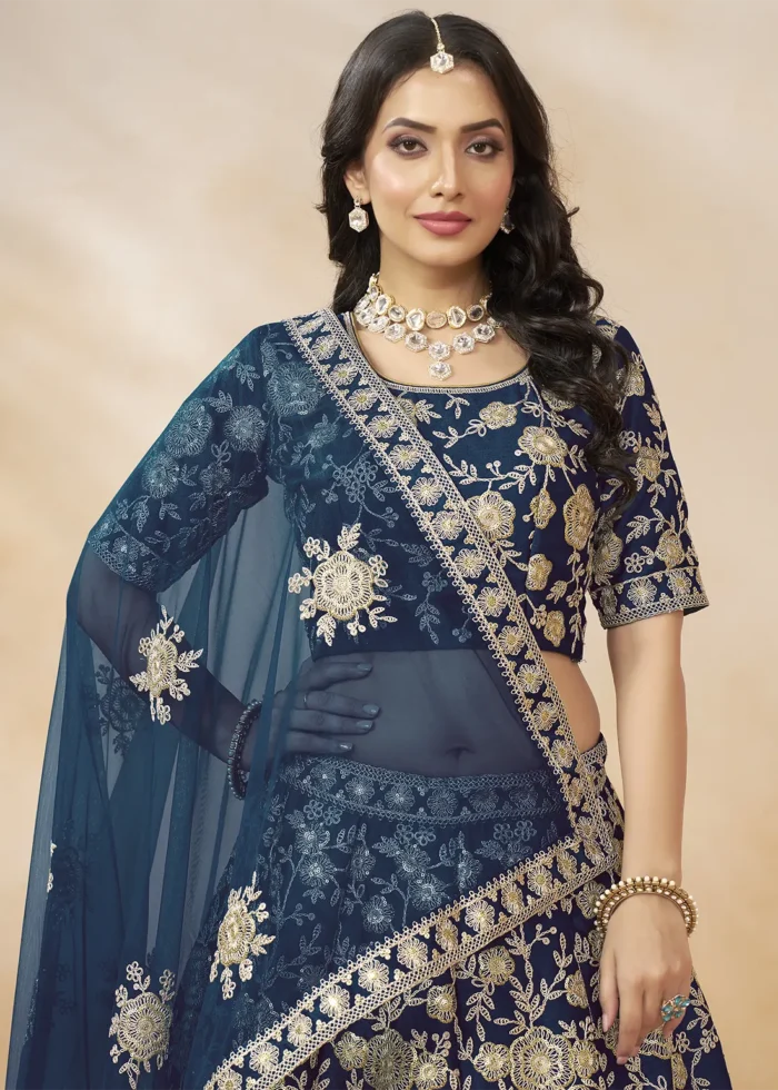 Embroidered Navy Blue Silk Lehenga