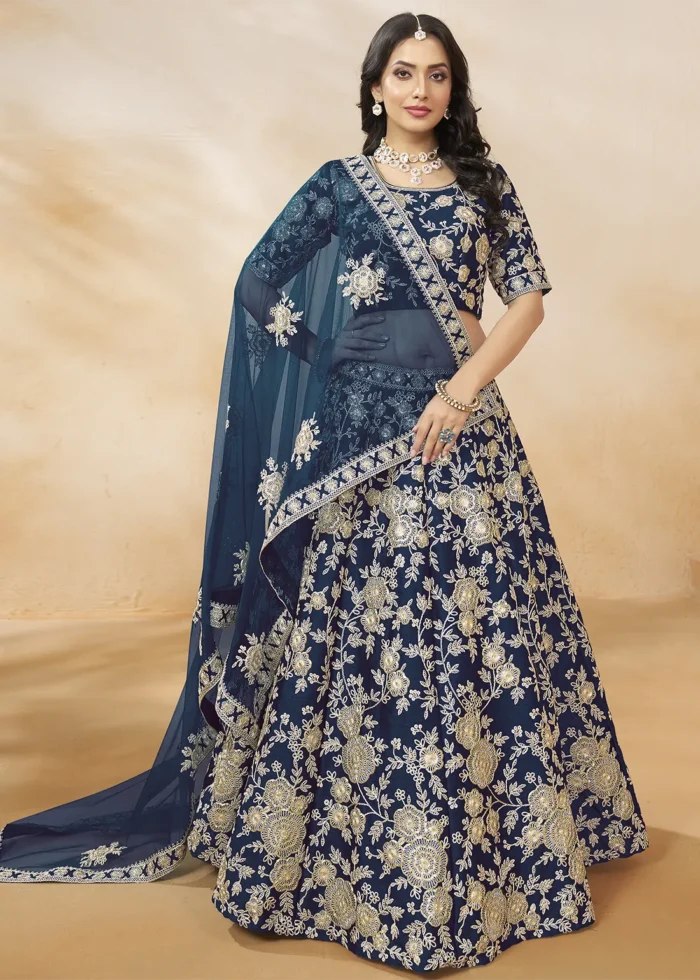 Embroidered Navy Blue Silk Lehenga