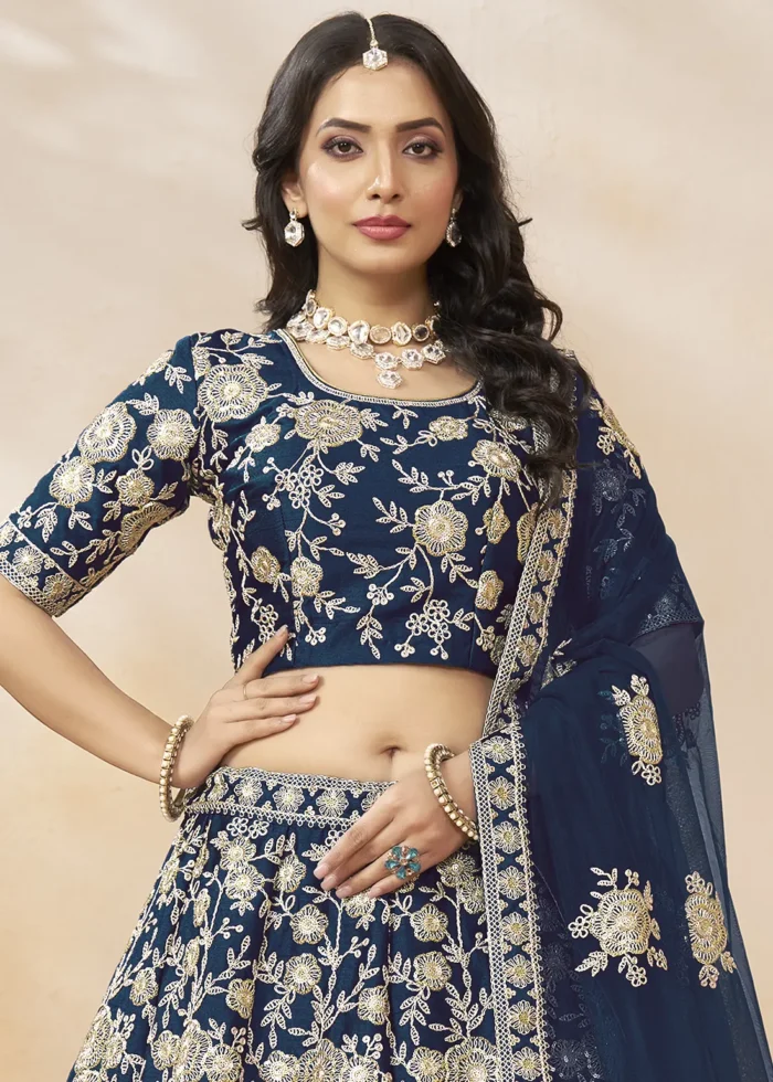 Embroidered Navy Blue Silk Lehenga