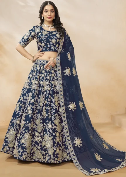 Embroidered Navy Blue Silk Lehenga