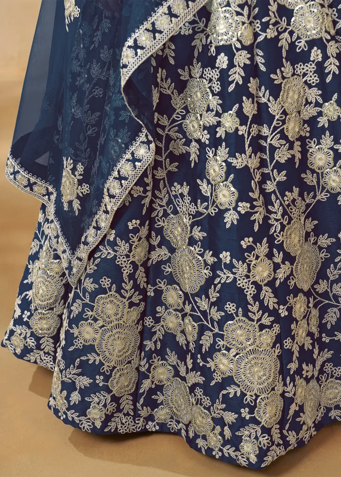 Embroidered Navy Blue Silk Lehenga