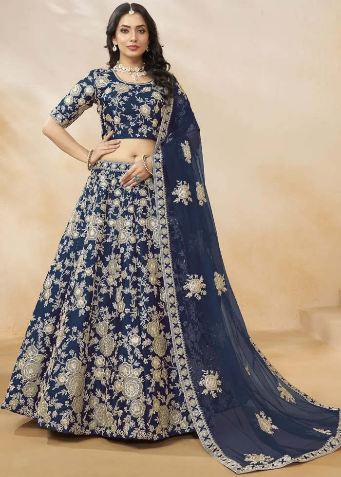 Embroidered Navy Blue Silk Lehenga