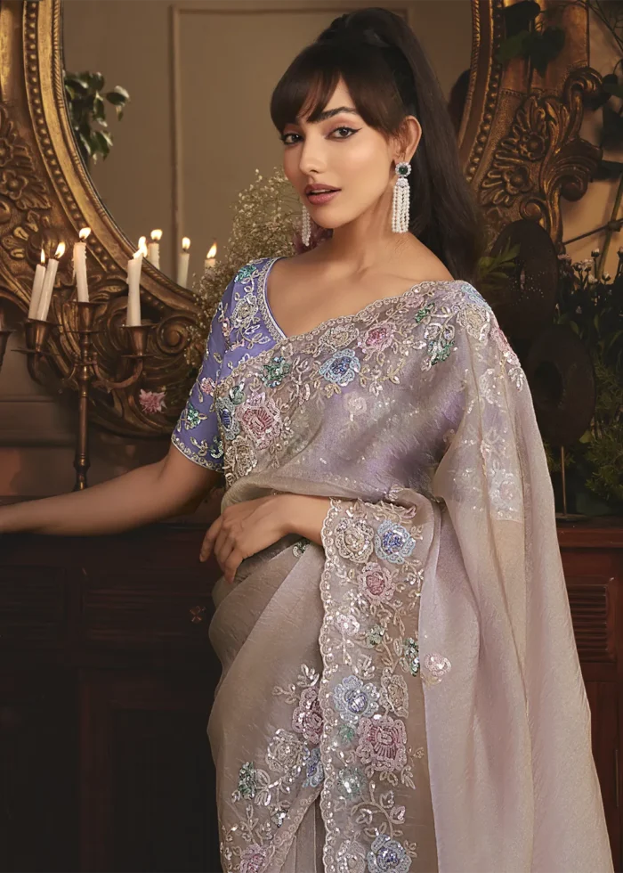 Embroidered Pastel Purple Organza Saree