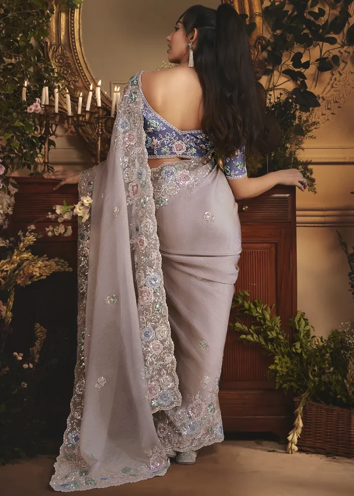Embroidered Pastel Purple Organza Saree