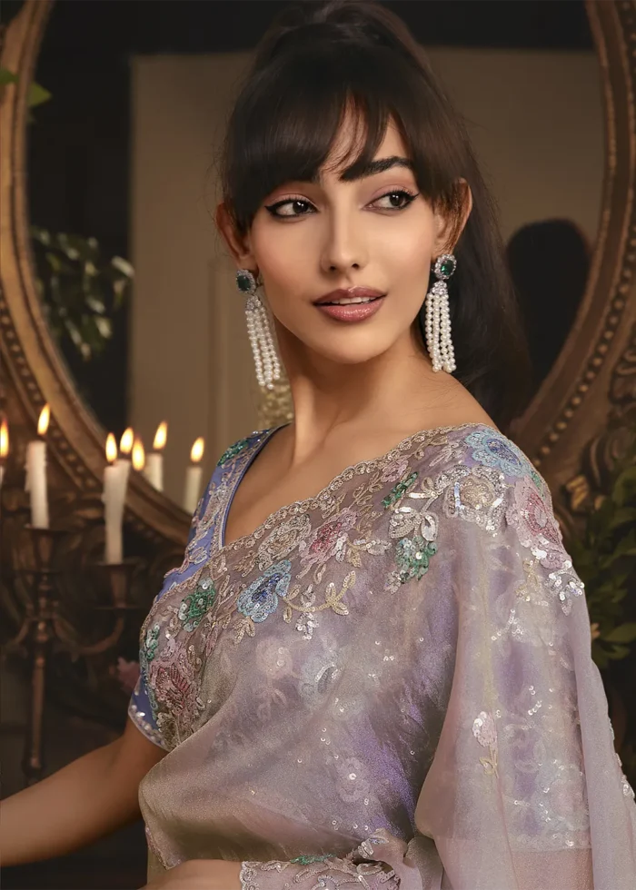 Embroidered Pastel Purple Organza Saree