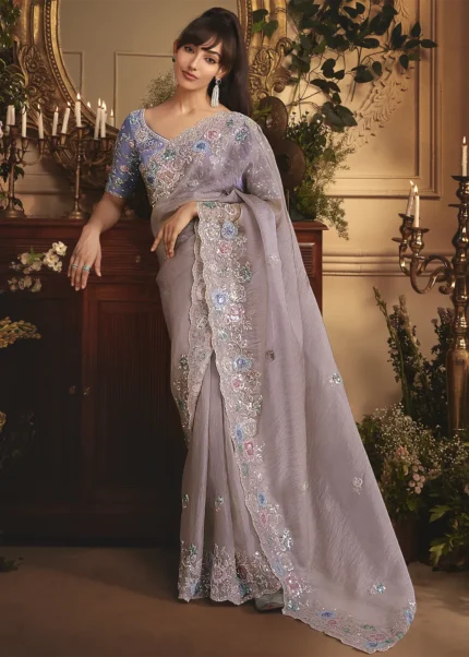 Embroidered Pastel Purple Organza Saree