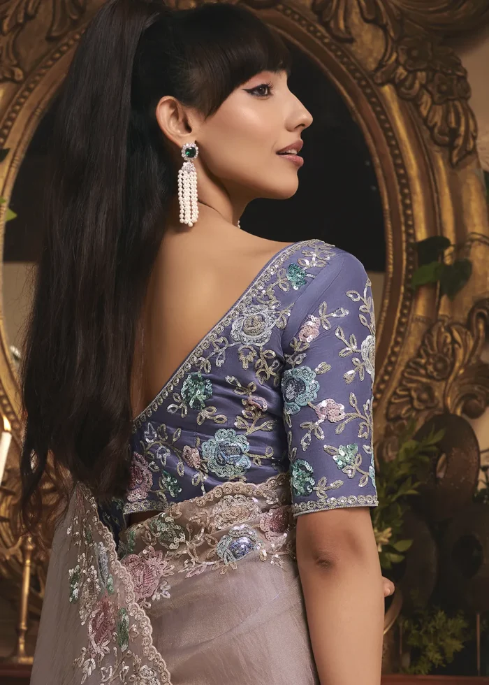 Embroidered Pastel Purple Organza Saree