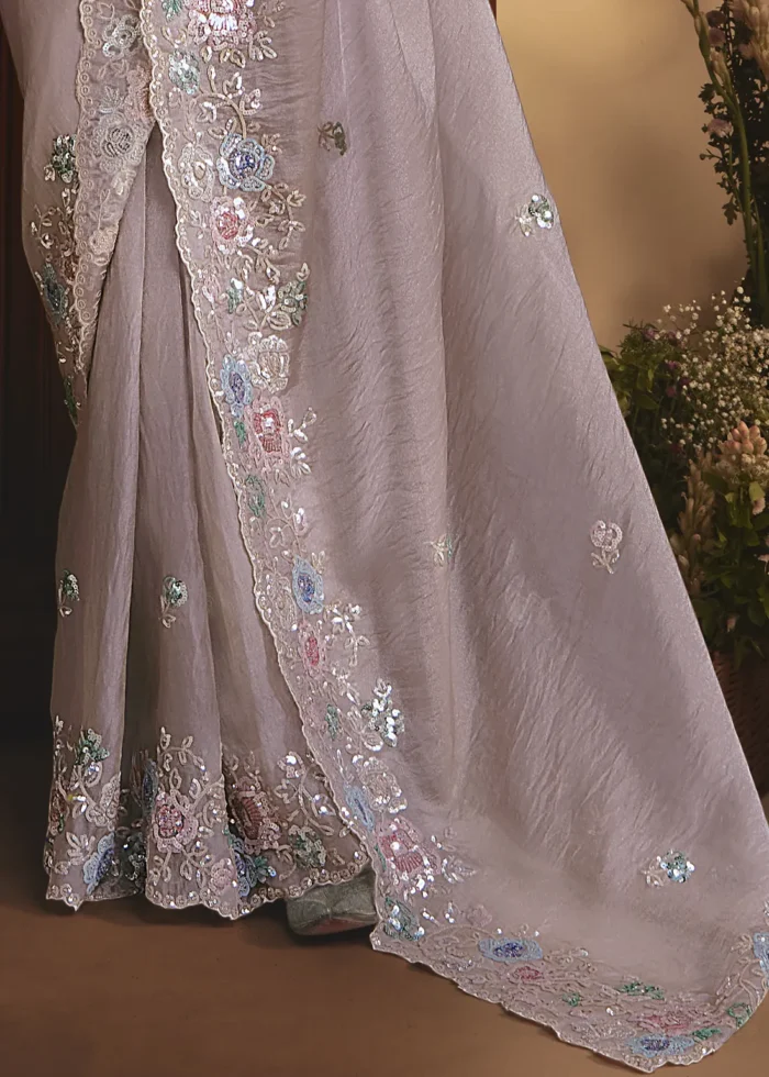 Embroidered Pastel Purple Organza Saree