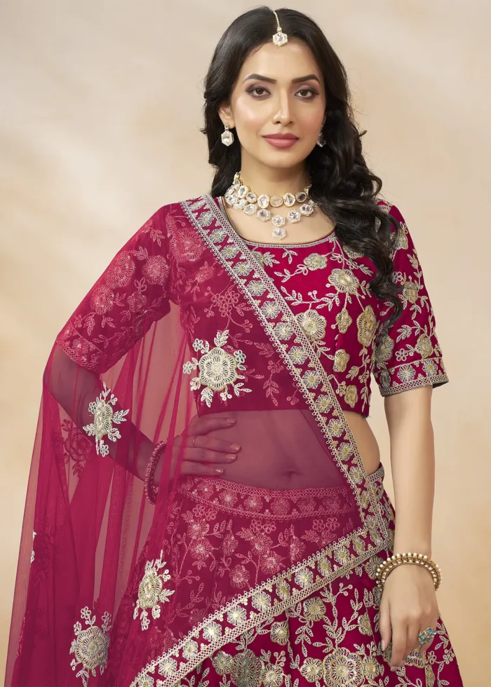 Embroidered Raspberry Pink Silk Lehenga