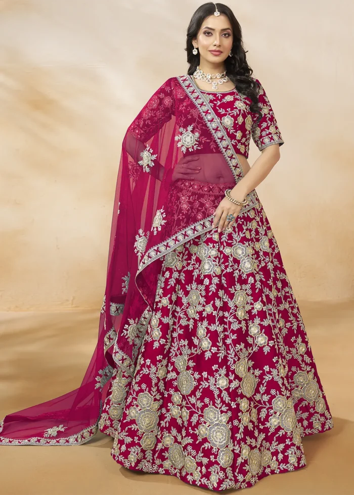 Embroidered Raspberry Pink Silk Lehenga