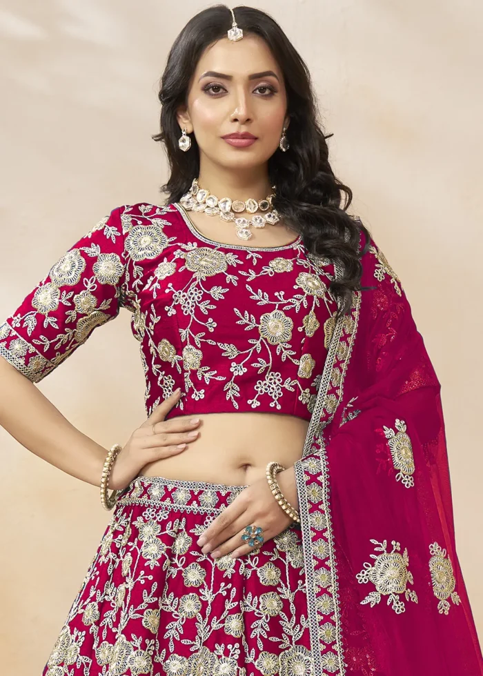 Embroidered Raspberry Pink Silk Lehenga