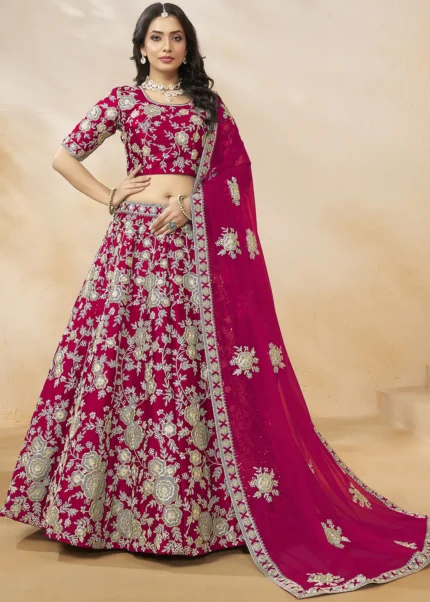 Embroidered Raspberry Pink Silk Lehenga