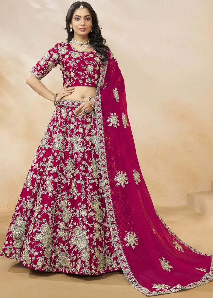 Embroidered Raspberry Pink Silk Lehenga